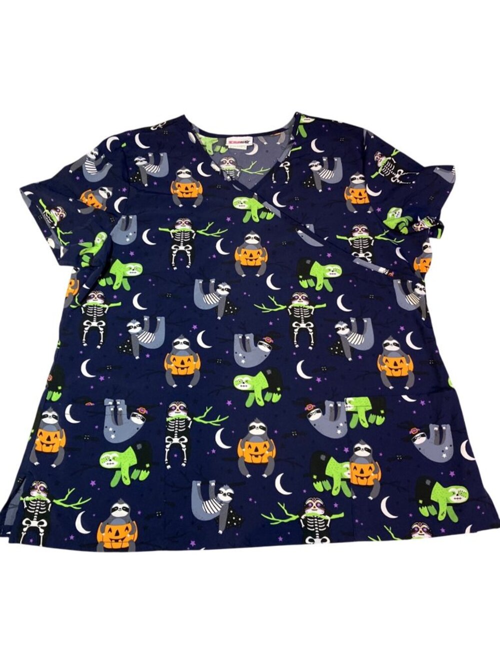 Scrubstar Womens Halloween Scrub Top With Fun Sloth and Skeleton Print XL